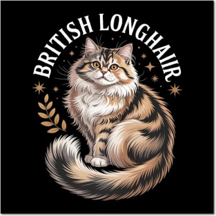 Floral Whimsical British Longhair Cat Straight Posters and Art